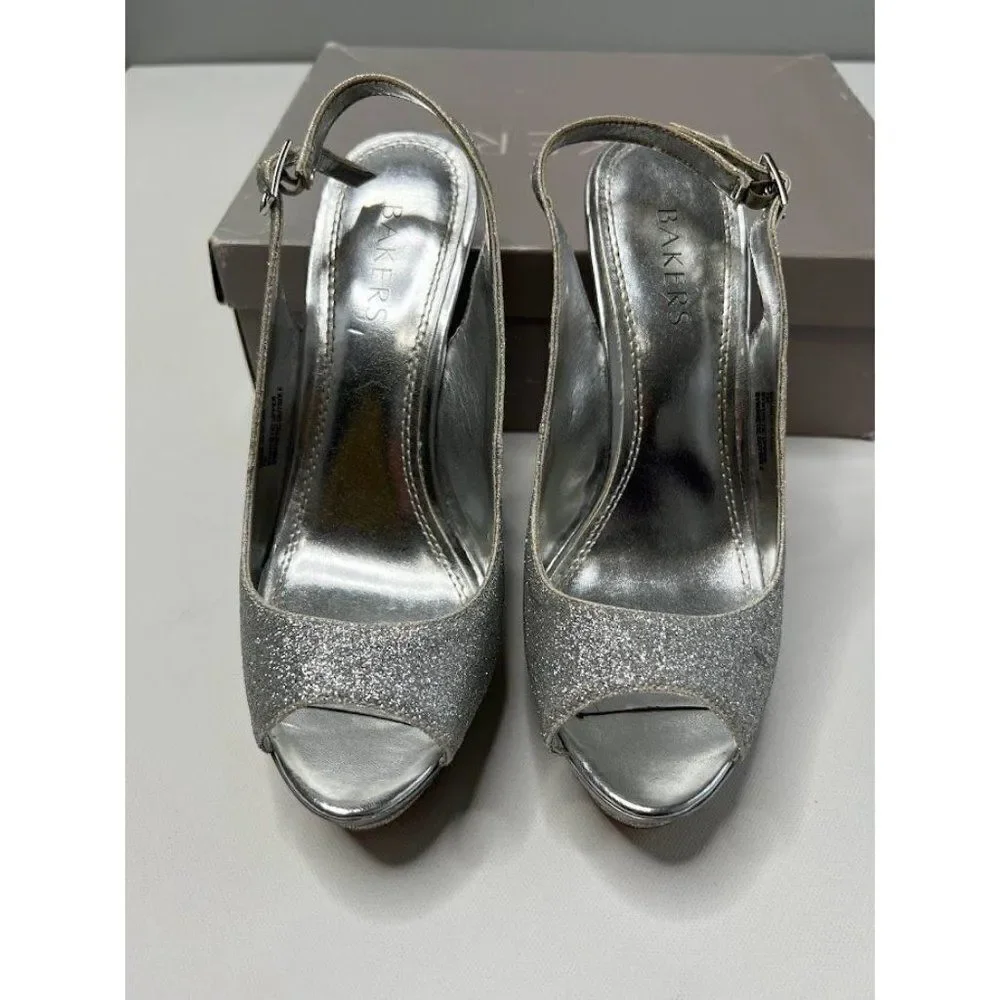 BAKERS Platform Silver‎ Glitter Slingback Shoes Flash 7
